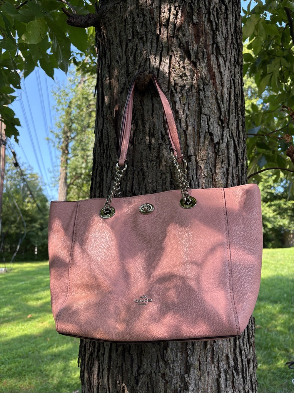 Coach Dusty Pink Leather Tote with Chain-Detail Handles
